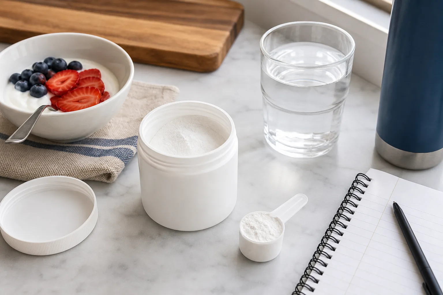 Creatine for Women in 2026: Benefits, Dosage, Safety and What Science Really Says 3 Creatine monohydrate powder, five gram scoop, water and healthy breakfast