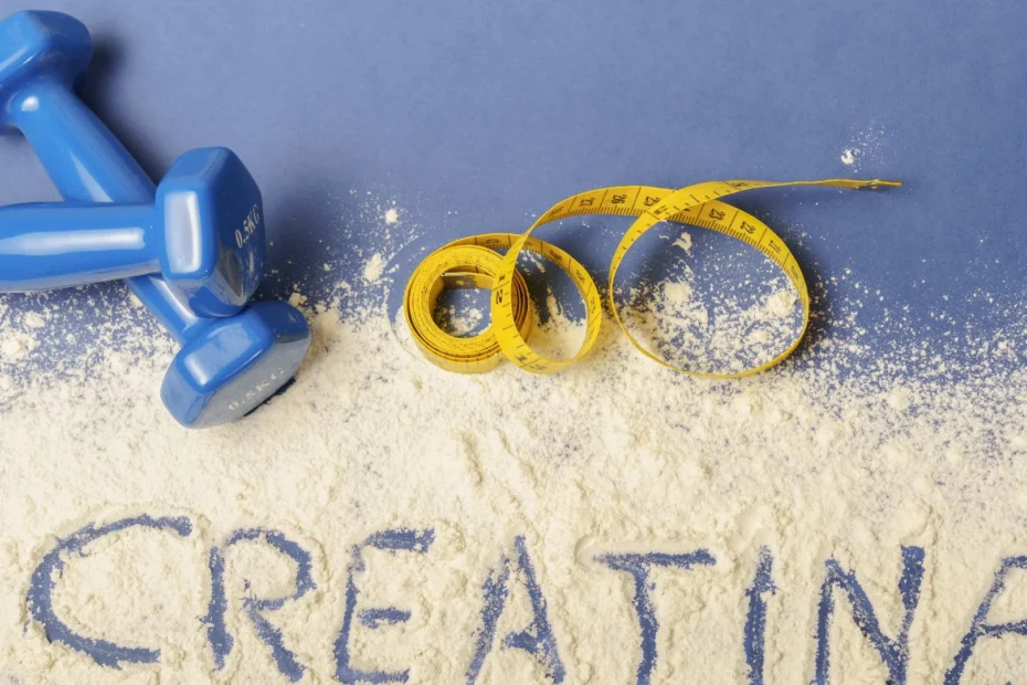 Creatine powder with dumbbells and measuring tape for women’s strength training