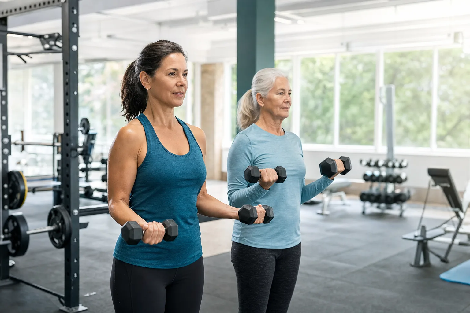 Creatine for Women in 2026: Benefits, Dosage, Safety and What Science Really Says 2 Women performing resistance training with dumbbells for healthy ageing